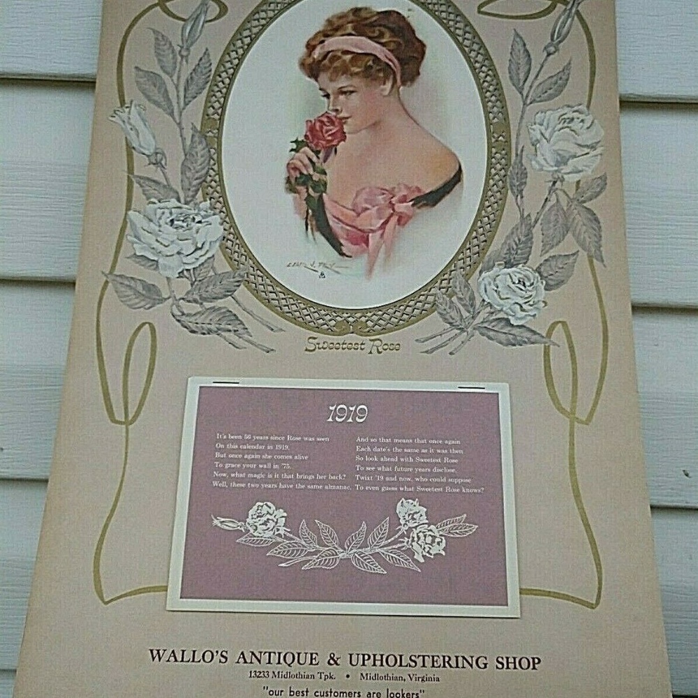 Vintage 1919 Year Calendar  "Sweetest Rose" Printed USA